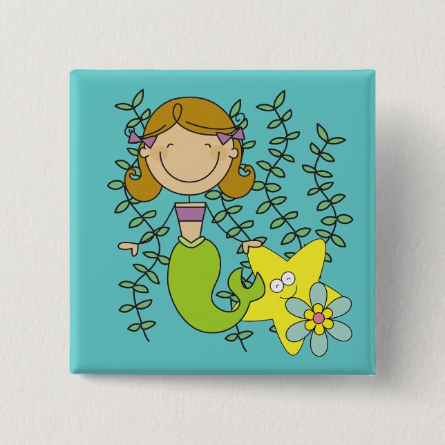 Brown Haired Mermaid Pinback Button (Front)