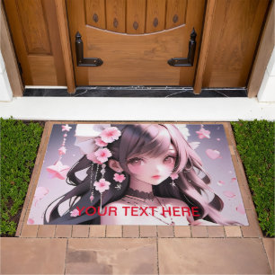 Brown Haired Mermaid With Pink Flowers in Her Hair Doormat