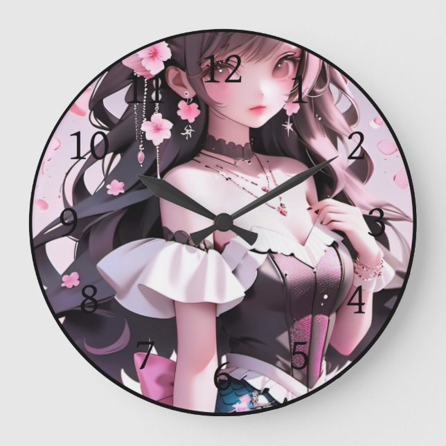 Brown Haired Mermaid With Pink Flowers in Her Hair Large Clock (Front)