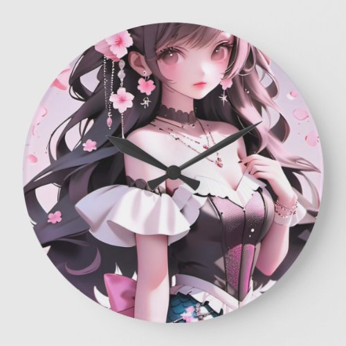 Brown Haired Mermaid With Pink Flowers in Her Hair Large Clock