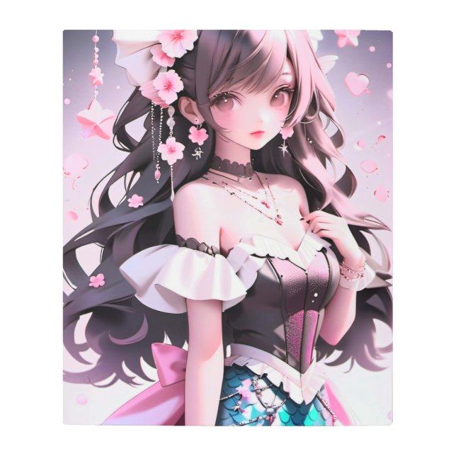 Brown Haired Mermaid With Pink Flowers in Her Hair Metal Print (Front)