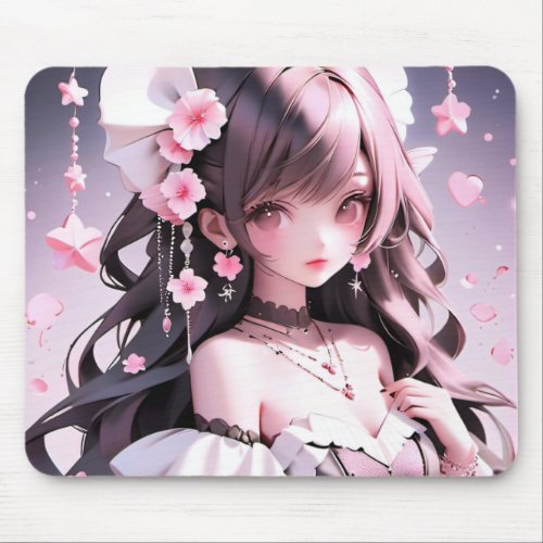 Brown Haired Mermaid With Pink Flowers in Her Hair Mouse Pad