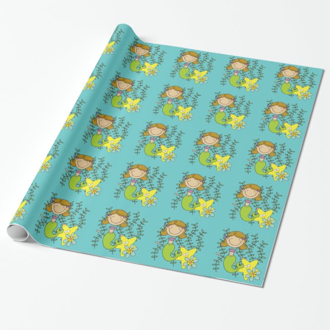 Brown Haired Mermaid Wrapping Paper (Unrolled)