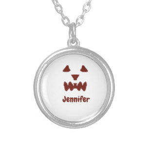 Brown Halloween scary face fall add name modern re Silver Plated Necklace