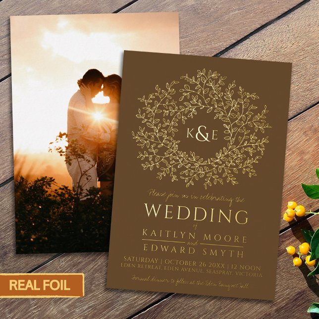 Brown hand drawn leaf monogram art gold wedding foil invitation (Creator Uploaded)