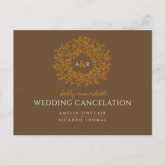 brown hand drawn leaf monogram wedding cancelation announcement postcard (Front)