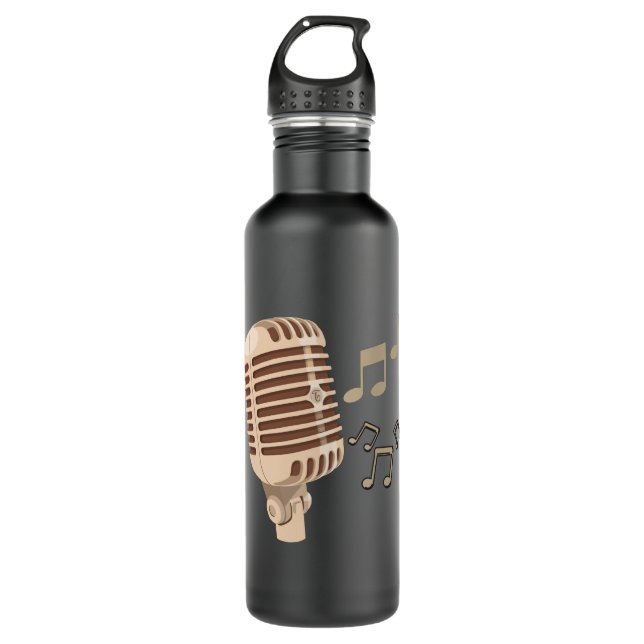 Brown hand drawn microphone musical notes stainless steel water bottle (Front)