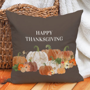 Brown Happy Thanksgiving Orange White Pumpkins Throw Pillow