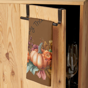Brown Happy Thanksgiving Pumpkin Fall Flowers Kitchen Towel