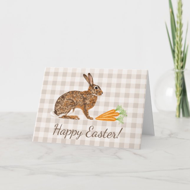 Brown Hare And Carrots Beige Gingham Happy Easter Card (Front)
