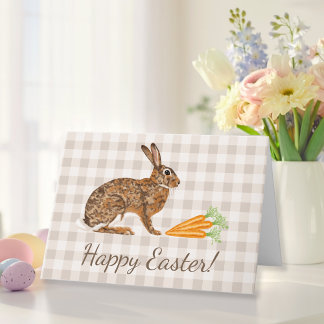 Brown Hare And Carrots Beige Gingham Happy Easter Card