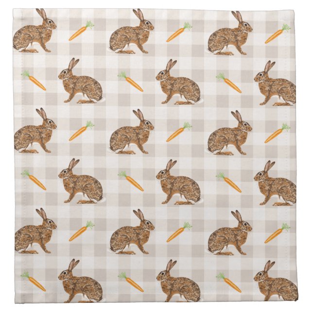 Brown Hare And Carrots Beige Pattern Cute Easter Cloth Napkin (Front)