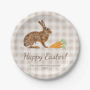 Brown Hare And Carrots Happy Easter Beige Gingham Paper Plates