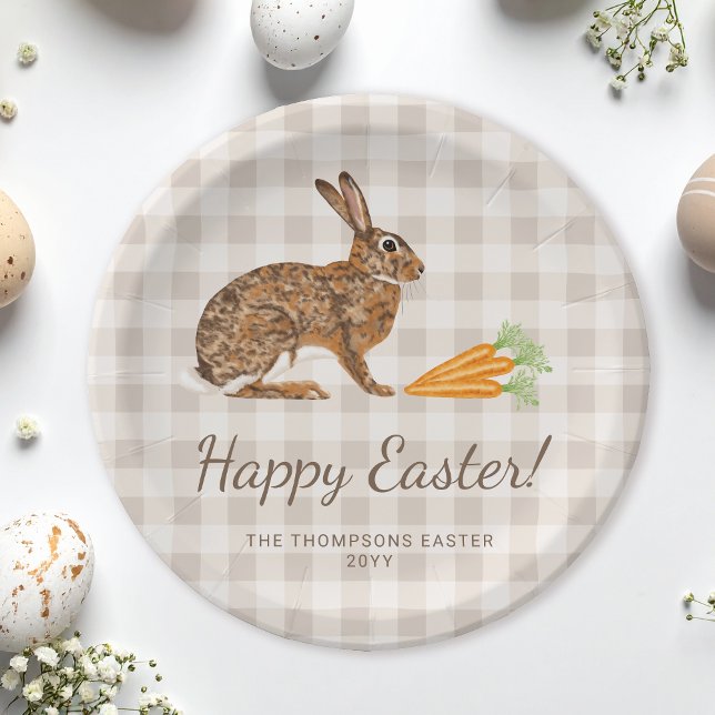 Brown Hare And Carrots Happy Easter Beige Gingham Paper Plates (Creator Uploaded)