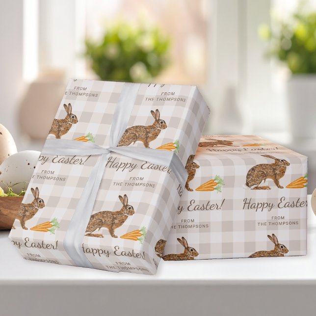 Brown Hare And Carrots Happy Easter Beige Gingham Wrapping Paper (Creator Uploaded)