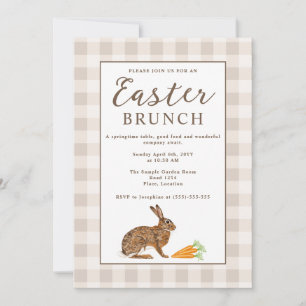 Brown Hare Beige Gingham Rustic Easter Brunch Invitation