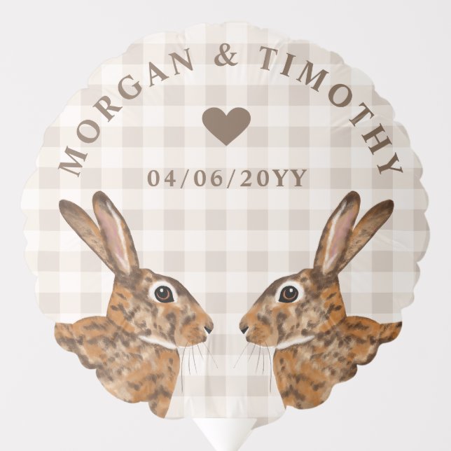 Brown Hare Bunny Heads With Names And Date Wedding Balloon (Front)
