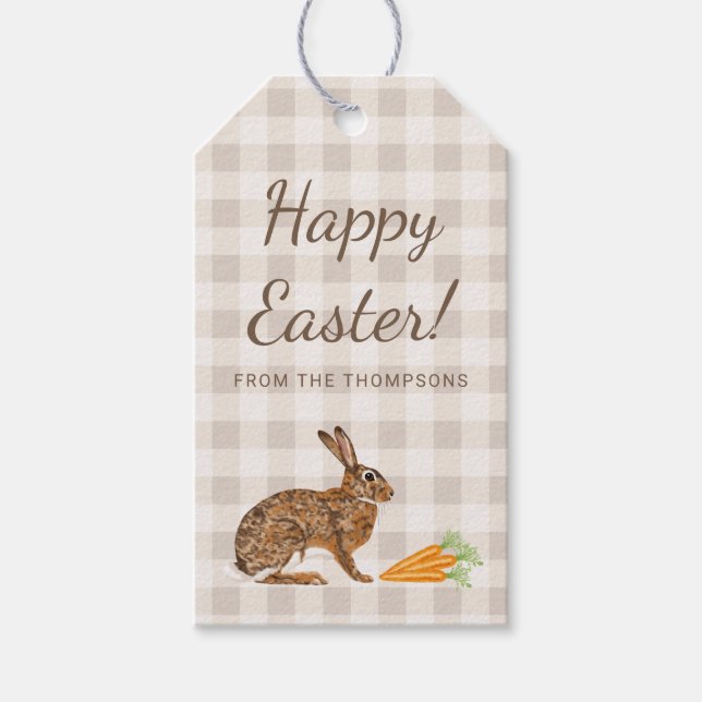 Brown Hare Rabbit And Carrots Happy Easter Beige Gift Tags (Front)