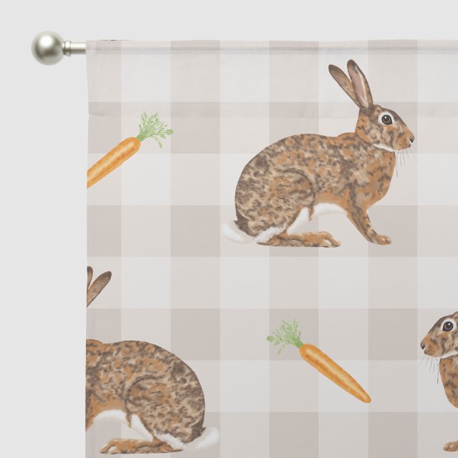 Brown Hares And Carrots Beige Gingham Rustic Sheer Curtains (Pocket)