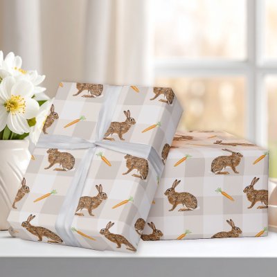 Brown Hares And Carrots Beige Gingham Spring Wrapping Paper