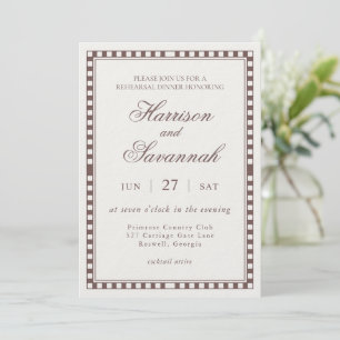Brown Harlequin Checkered Rehearsal Dinner Invitation