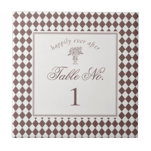 Brown Harlequin Checkered Wedding Table Number Ceramic Tile
