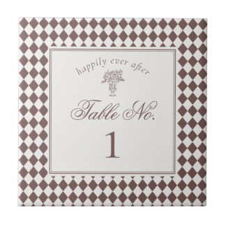 Brown Harlequin Checkered Wedding Table Number Ceramic Tile