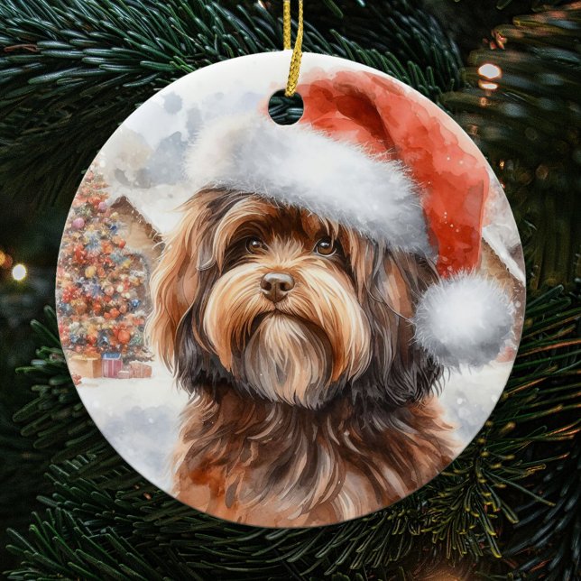 Brown Havanese Dog with Santa Hat Christmas Ceramic Ornament (Creator Uploaded)