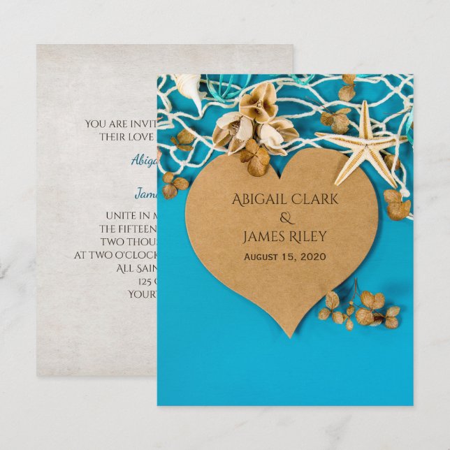 brown heart and starfish wedding invitation (Front/Back)