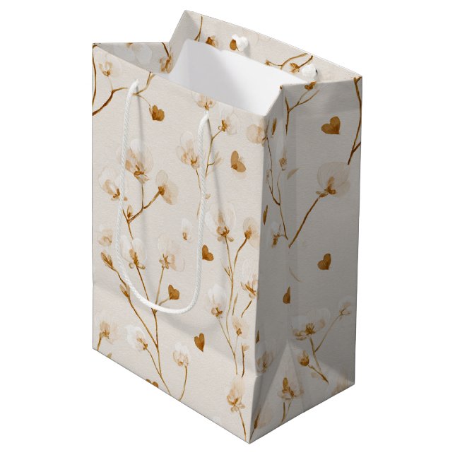 Brown Hearts Blush Floral Bridal Shower Medium Gift Bag (Front Angled)