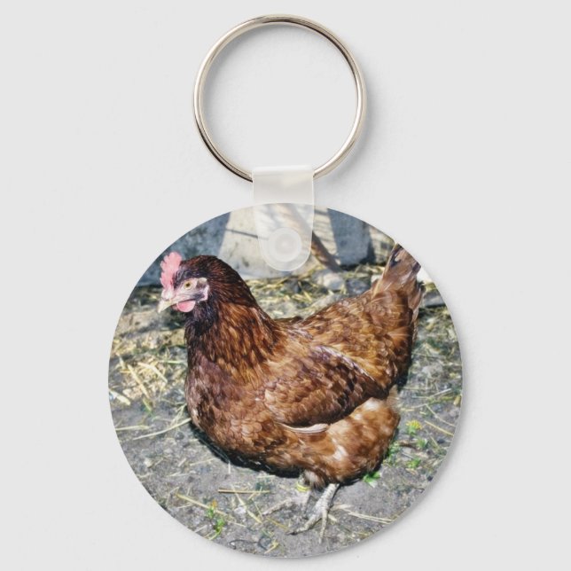 Brown Hen On The Back Yard Keychain (Front)
