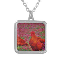 Brown  Hens in the Purple Grass Silver Plated Necklace