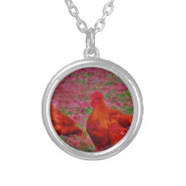 Brown  Hens in the Purple Grass Silver Plated Necklace