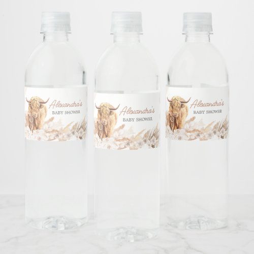 Brown Highland Cow Baby Shower  Water Bottle Label