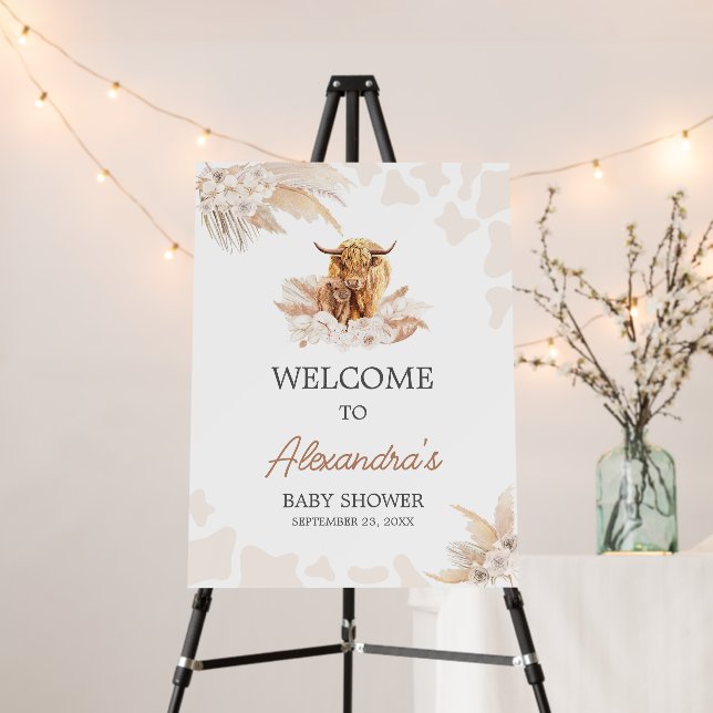 Brown Highland Cow Baby Shower Welcome Sign (In Situ (Stand))