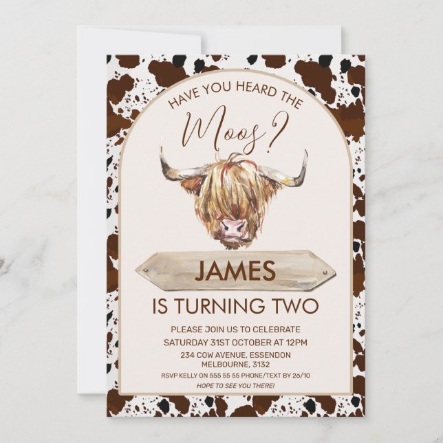 Brown Highland Cow Cow Print Birthday Party Invitation (Front)