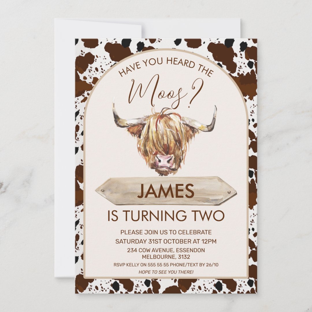 Brown Highland Cow Cow Print Birthday Party Invitation | Zazzle