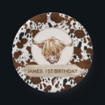 Brown Highland Cow Cow Print Birthday Party  Paper Plates<br><div class="desc">Brown Highland Cow Cow Print Birthday Party Paper Plate Cute holy cow themed birthday paper plate for a little boy featuring a highland cow head image and a mostly brown cow print pattern background. This design can be used for any age and is a cute addition for a highland cow...</div>