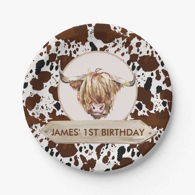 Brown Highland Cow Cow Print Birthday Party  Paper Plates (Front)