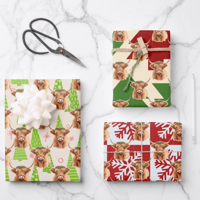 Brown Highland Miniature Cow Christmas Wrapping Paper Sheets (Front)