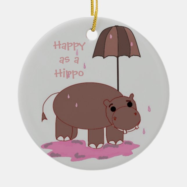 Brown Hippopotamus with Umbrella Ceramic Ornament (Front)