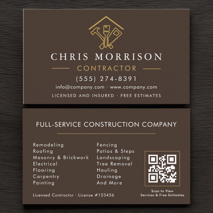 Brown Home Repairs Contractor QR Code Business Card