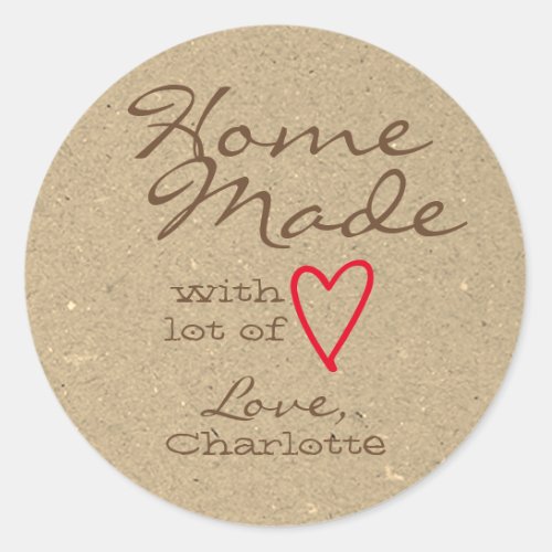 Brown Homemade with Love Red Heart Kraft Paper Classic Round Sticker