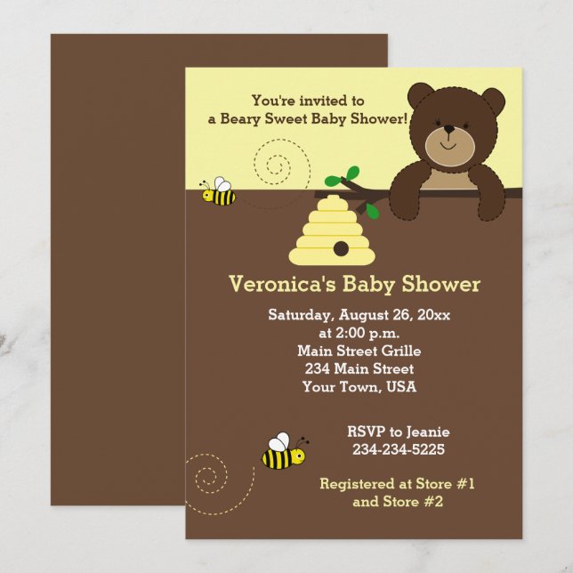 Brown Honey Bear and Bumble Bee Baby Shower Invite (Front/Back)