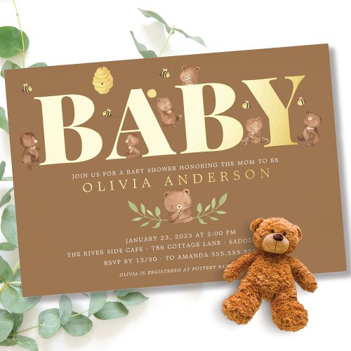 Brown Honey Bear Baby Shower Foil Invitation