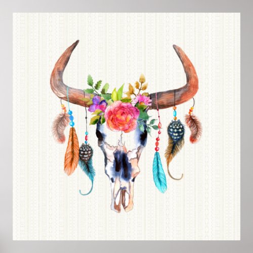 Brown Horns And Colorful Feathers On Bull Skull Poster