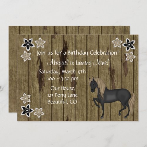 Brown Horse and Flowers Faux Barn Wood Birthday Invitation