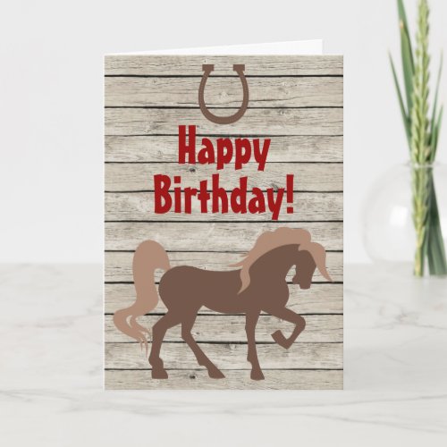 Brown Horse and Horse Shoe on Barn Wood Birthday Card