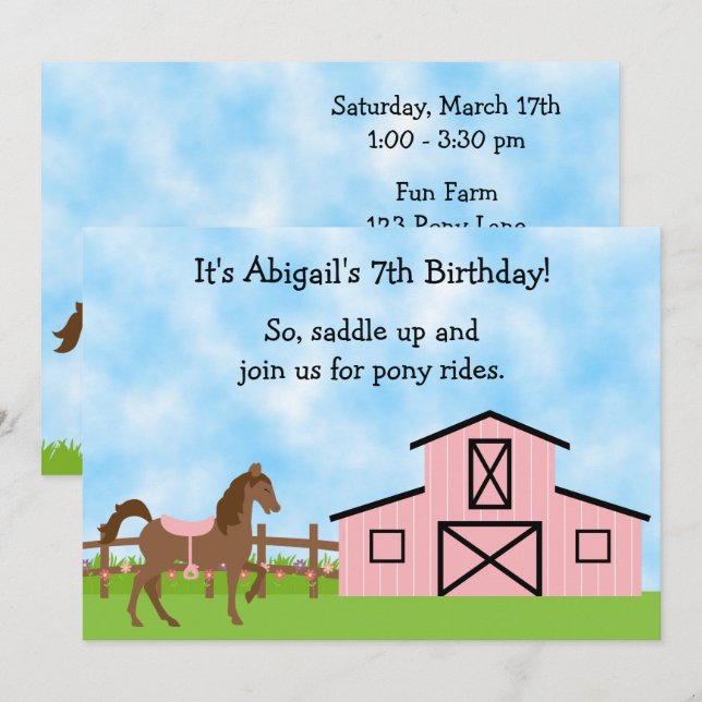 Brown Horse and Pink Barn Pony Rides Birthday Invitation (Front/Back)