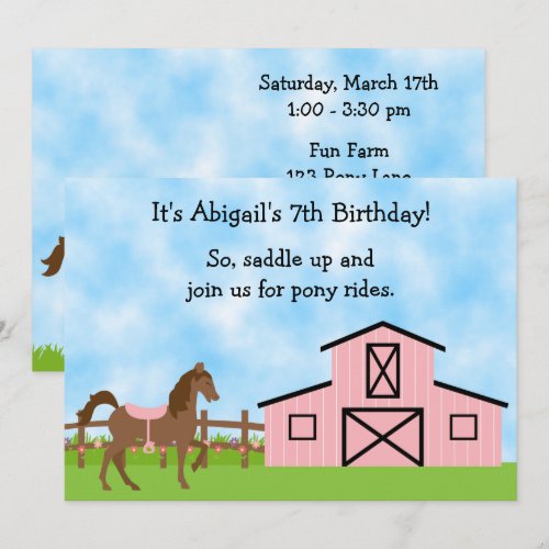 Cute Pony Rides Birthday Invitation for Girls